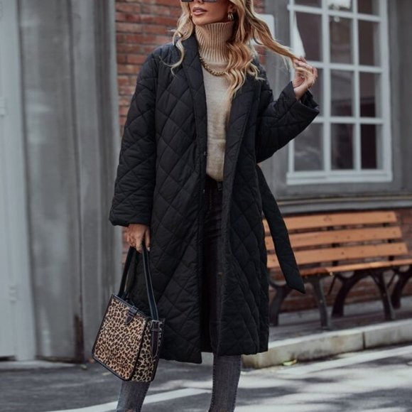 Classic Qulited Black Belted Jacket - Picture 3 of 7